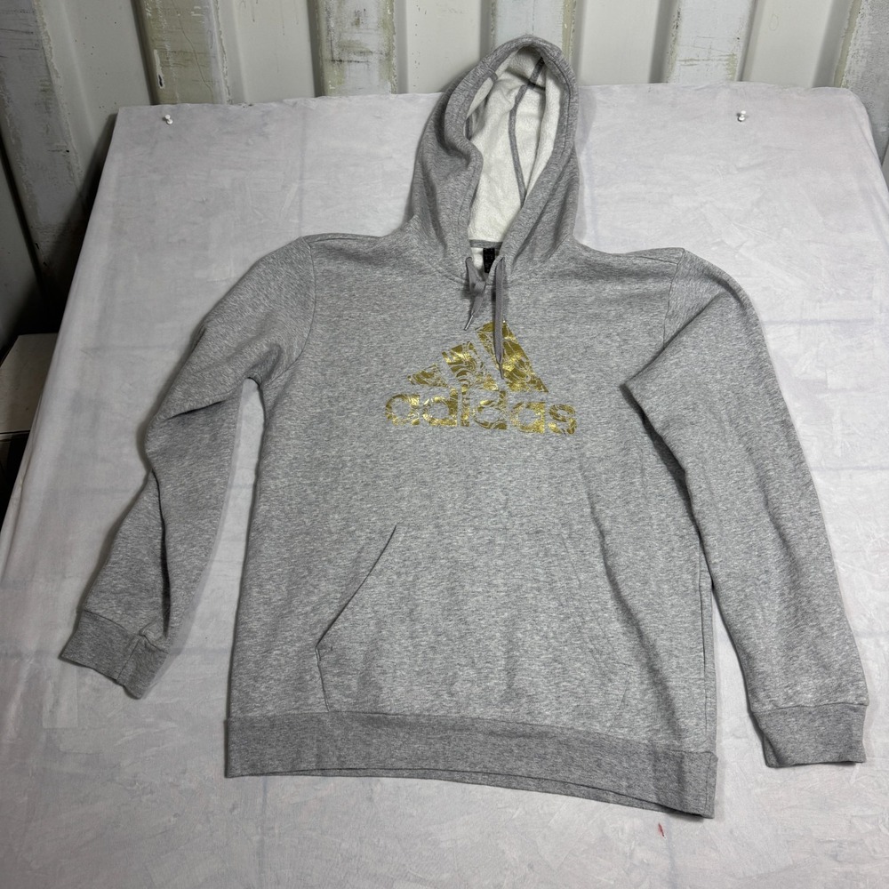 Adidas Liquid Foil Pullover Hoodie Mens Heather Gray Fleece Gold metallic Logo M